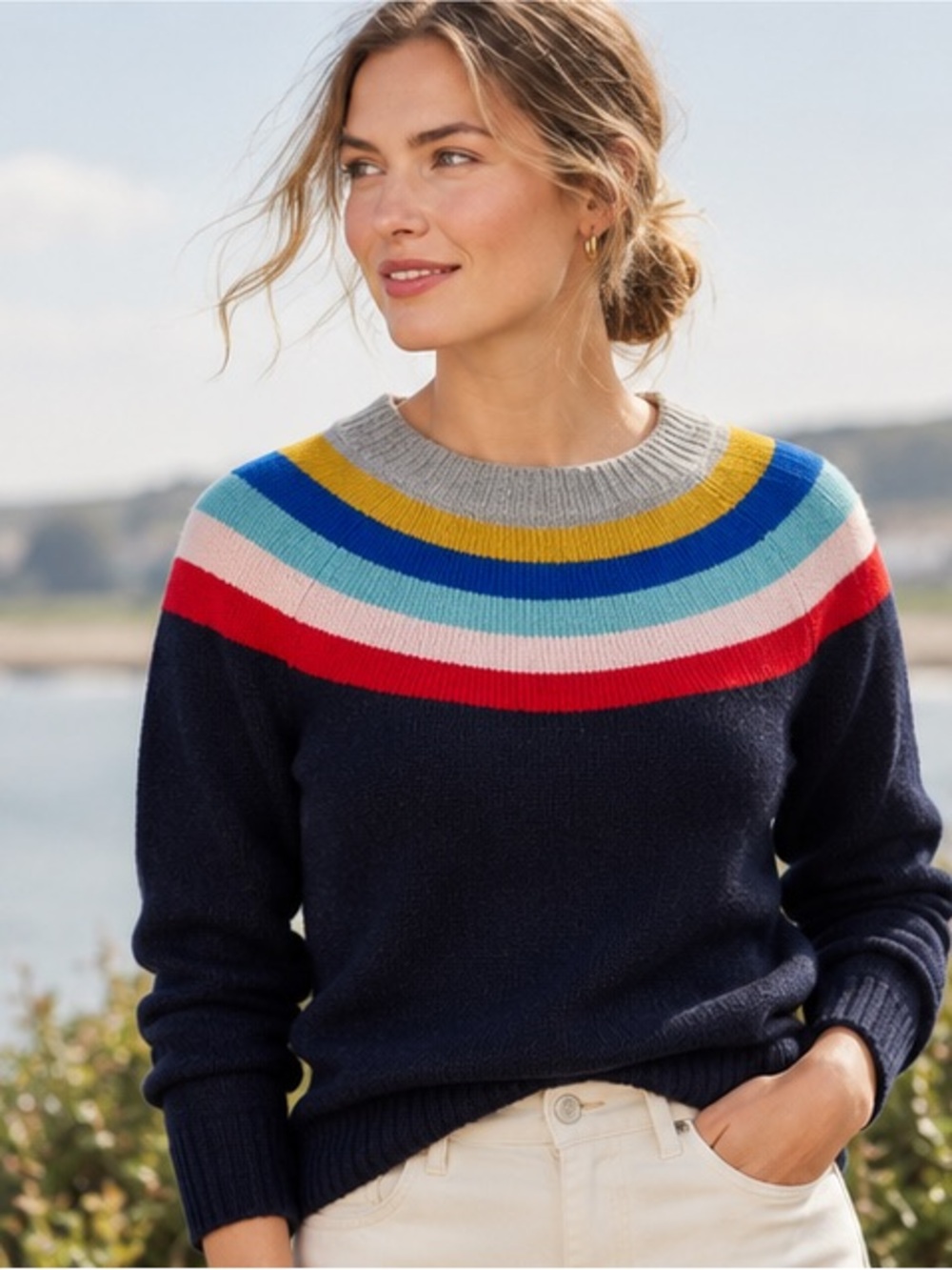 Boden Rainbow Stripe Fair Isle Sweater M Wool Cashmere